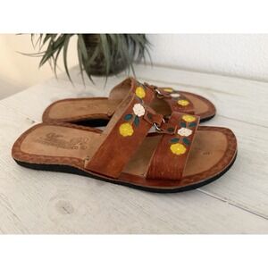 Anay Pe Mexican Leather Sandals Sz 9 Hand Tooled Painted Flowers Huaraches Boho